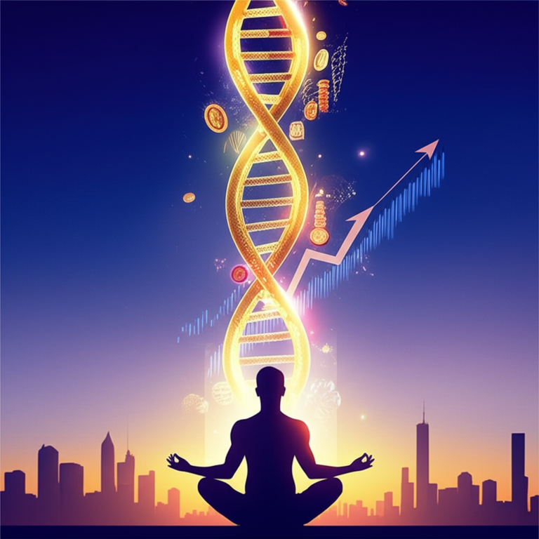 Ilustração de DNA dourado de luz, símbolos de riqueza e figura meditando, representando a ativação da prosperidade e reprogramação mental.