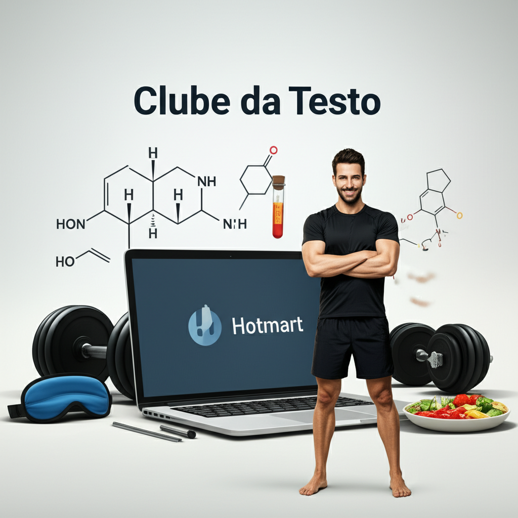 Ilustração do Clube da Testo mostrando homem saudável ao lado de laptop Hotmart, símbolos de testosterona, equipamentos de treino, máscara de sono e alimentos nutritivos.