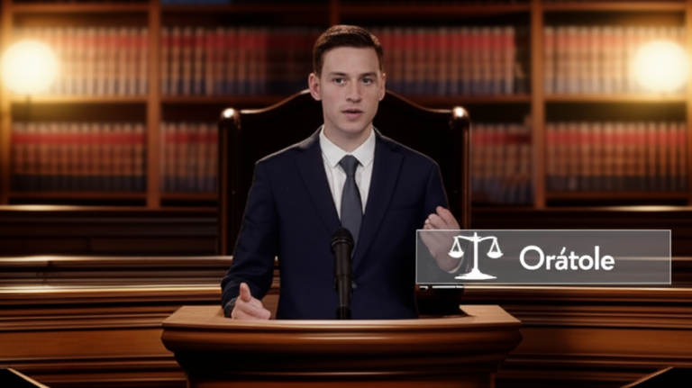Advogado confiante apresentando sustentação oral em tribunal, representando o curso de Oratória Jurídica Orátole.