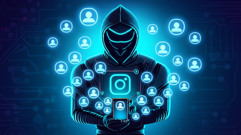 Ninja digital segurando um smartphone com Instagram aberto, cercado por ícones de seguidores que simbolizam a automação de seguidores da ferramenta InstaNinja.