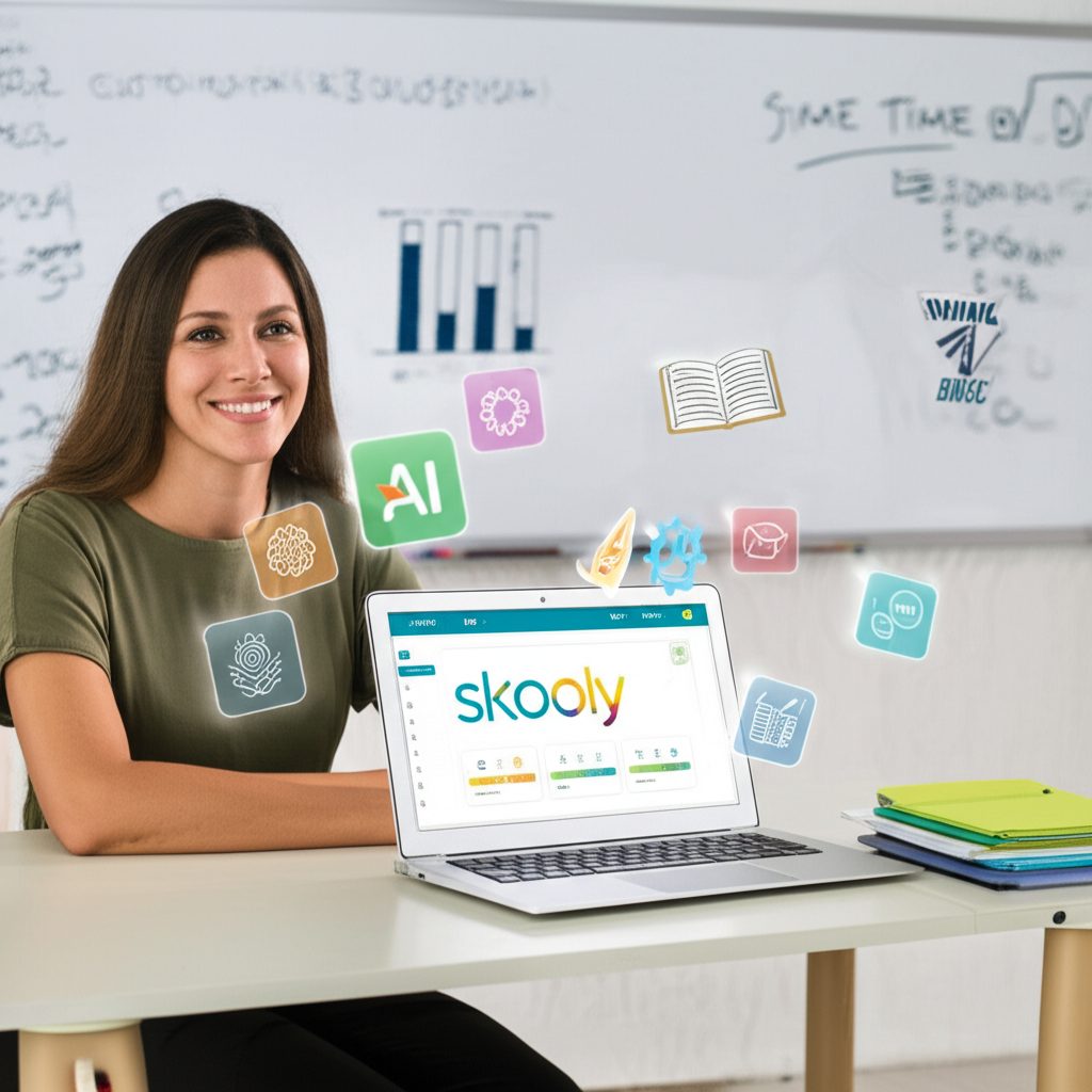 Professor usando o dashboard da Skooly no laptop, com ícones de IA, BNCC e materiais pedagógicos ao redor.