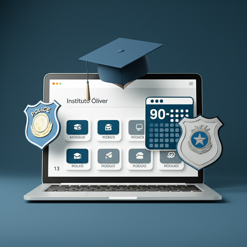 Ilustração do Curso Superior Sequencial de Gestão em Segurança Pública e Privada – 3 meses EAD – com símbolos de educação, segurança pública e segurança privada.