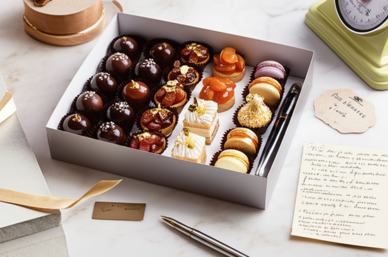 Caixa de presente aberta com doces finos de Ísis Alvarez: trufas de chocolate, macarons, tarteletes de fruta caramelizada e mini bolos decorados, dispostos sobre mármore branco.