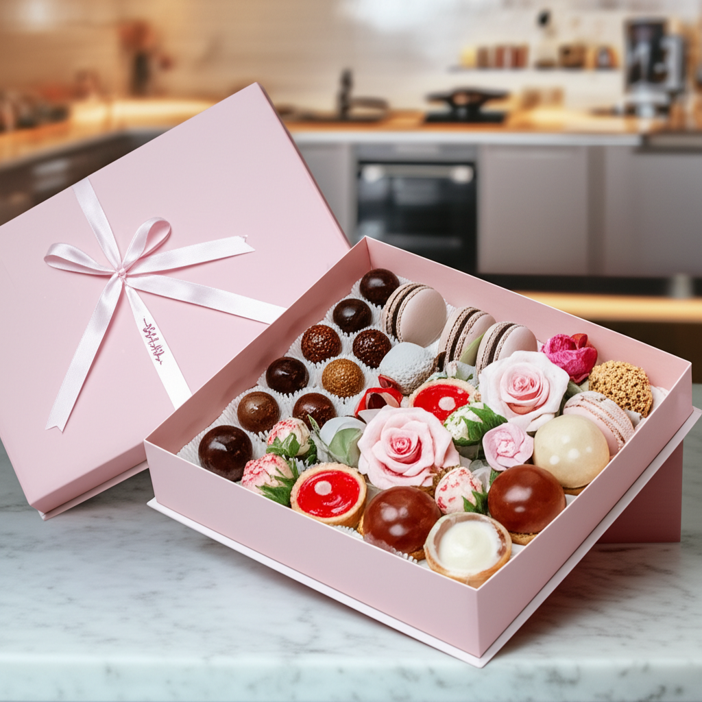 Caixa de presente aberta exibindo doces sofisticados de Ísis Álvarez – trufas, macarons e rosas de açúcar.
