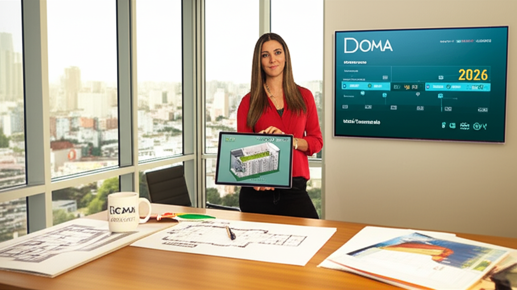 Estúdio de arquitetura moderno da Academia Doma com Patricia Pomerantzeff apresentando um modelo 3D em tablet, cercada por esboços, amostras de cores e a marca DOMA.