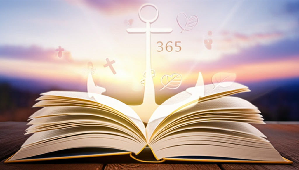 Livro aberto com luz dourada, amanhecer ao fundo, âncora espiritual e elementos que remetem a 365 dias de conexão com Deus.