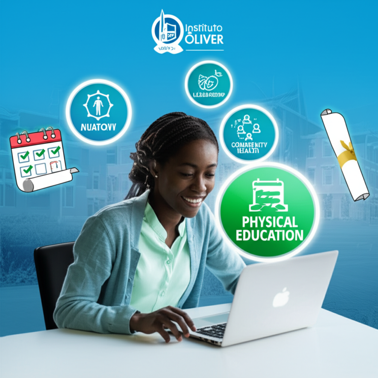 Estudante online estudando Educação Física com ícones de saúde, nutrição e liderança em ambiente digital