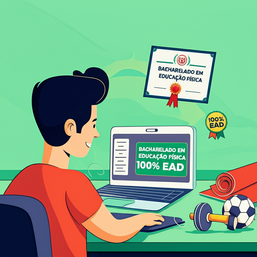 Ilustração de estudante fazendo Bacharelado em Educação Física 100% online, com laptop, diploma digital e itens esportivos ao redor.