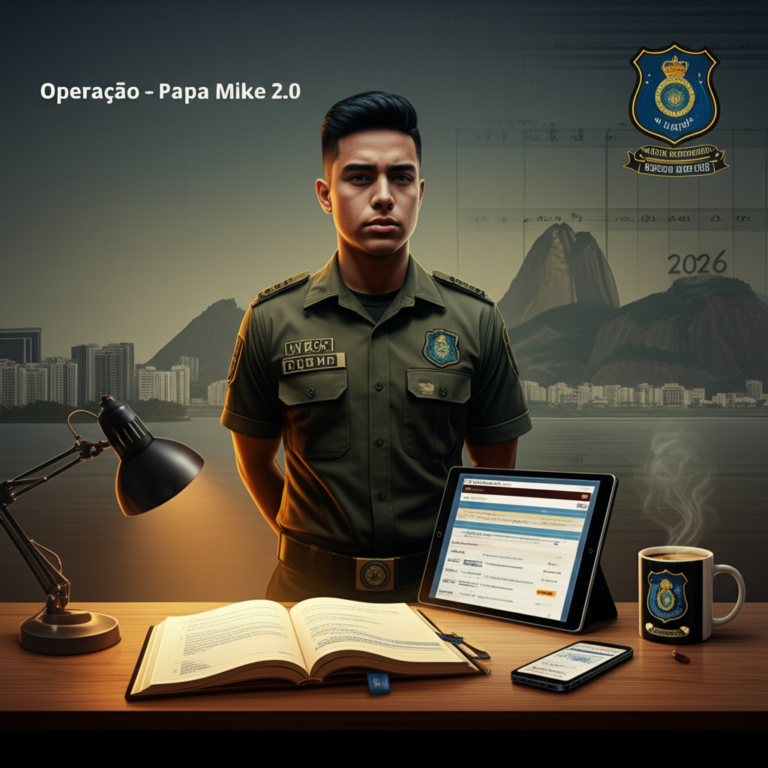 Jovem candidato ao concurso da PMERJ estudando com notebook, tablet e smartphone, com fundo da paisagem urbana do Rio de Janeiro e o título Operação Papa Mike 2.0.
