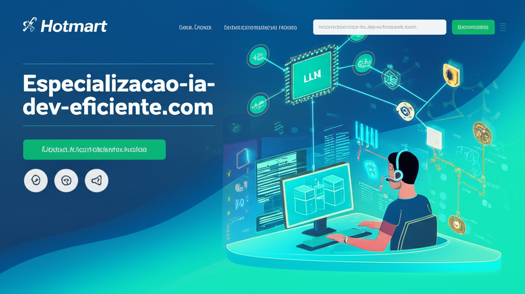 Ilustração de desenvolvedor construindo sistemas de IA com LLMs, RAG e agentes, simbolizando a Especialização em Engenharia de IA Dev + Eficiente.