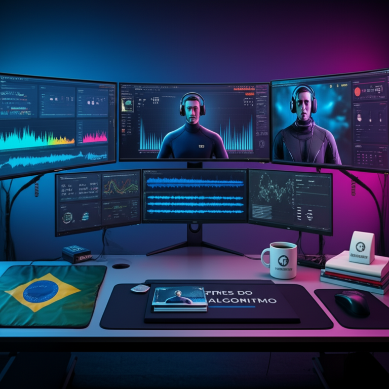 Mestres do Algoritmo | Profissão Youtuber 9 Estação de trabalho de criador de conteúdo YouTube usando IA, SEO e automação, representando o curso Mestres do Algoritmo – Profissão Youtuber.