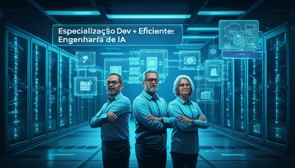 Ilustração de três engenheiros de IA em um data center futurista com hologramas de pipelines RAG, GPUs e banner da Especialização Dev + Eficiente.