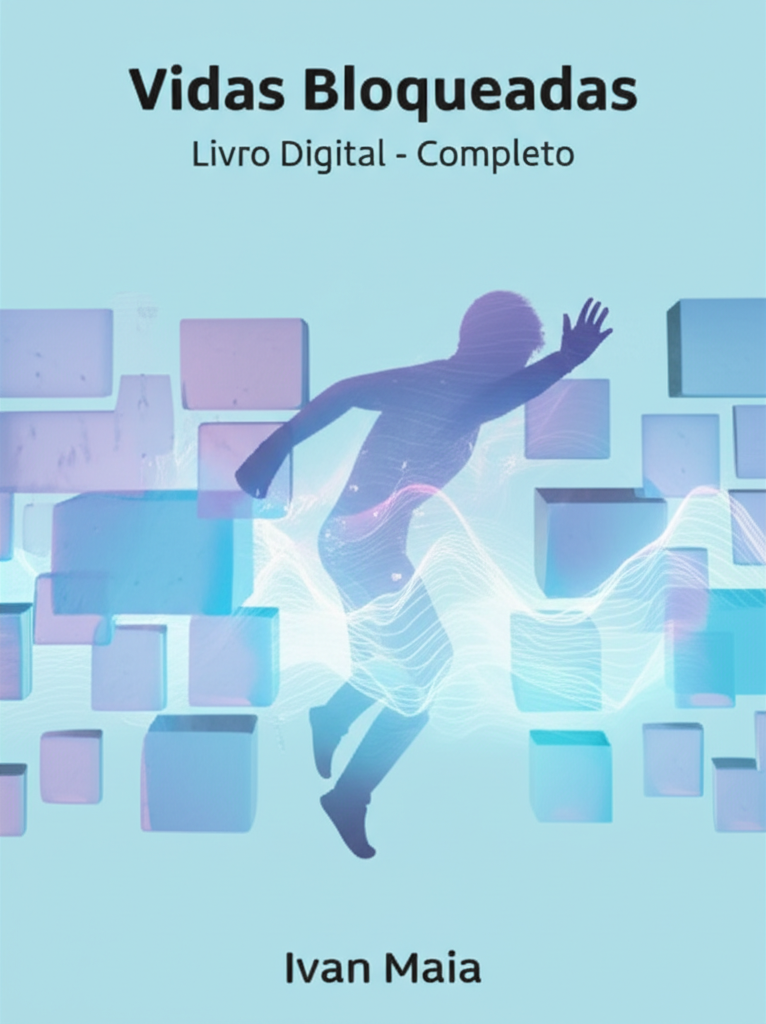 Capa do e‑book "Vidas Bloqueadas" com figura humana rompendo correntes invisíveis que simbolizam bloqueios emocionais, em tons pastel suaves.
