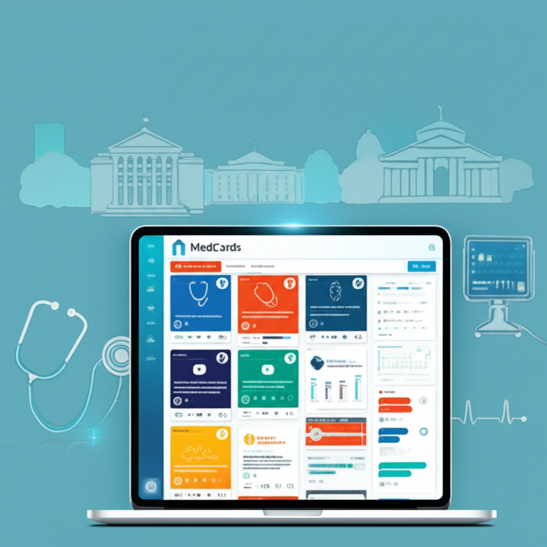 Tela da plataforma Medcards (Combo Elite) exibindo flashcards médicos com ícones de áudio, gráficos de algoritmo de repetição espaçada e elementos de tecnologia educacional.