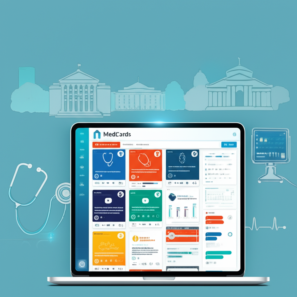 Tela da plataforma Medcards (Combo Elite) exibindo flashcards médicos com ícones de áudio, gráficos de algoritmo de repetição espaçada e elementos de tecnologia educacional.