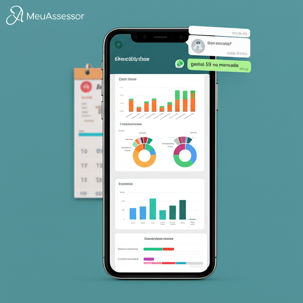 Dashboard financeiro do MeuAssessor integrado ao WhatsApp, exibindo gráficos de fluxo de caixa e mensagens de registro de despesas.