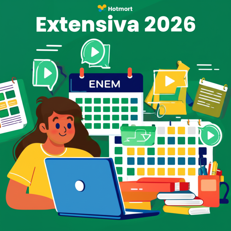 Ilustração de estudante brasileiro estudando online com materiais do curso Extensiva 2026, mostrando ícones de aulas dinâmicas, simulados e calendário anual.