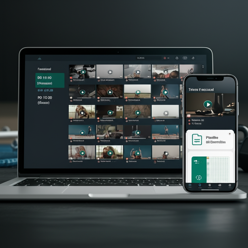 Visão geral da plataforma +500 Treinos Funcionais em vídeo, com interface web, planilha de exercícios e preços de assinatura.