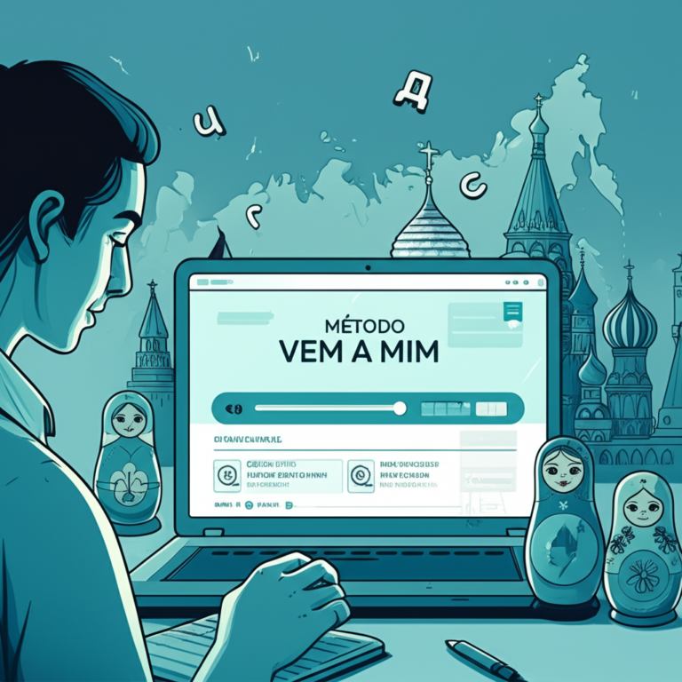 Ilustração digital em tons azul‑verde mostrando um estudante brasileiro estudando russo com laptop, letras cirílicas e símbolos culturais russos.