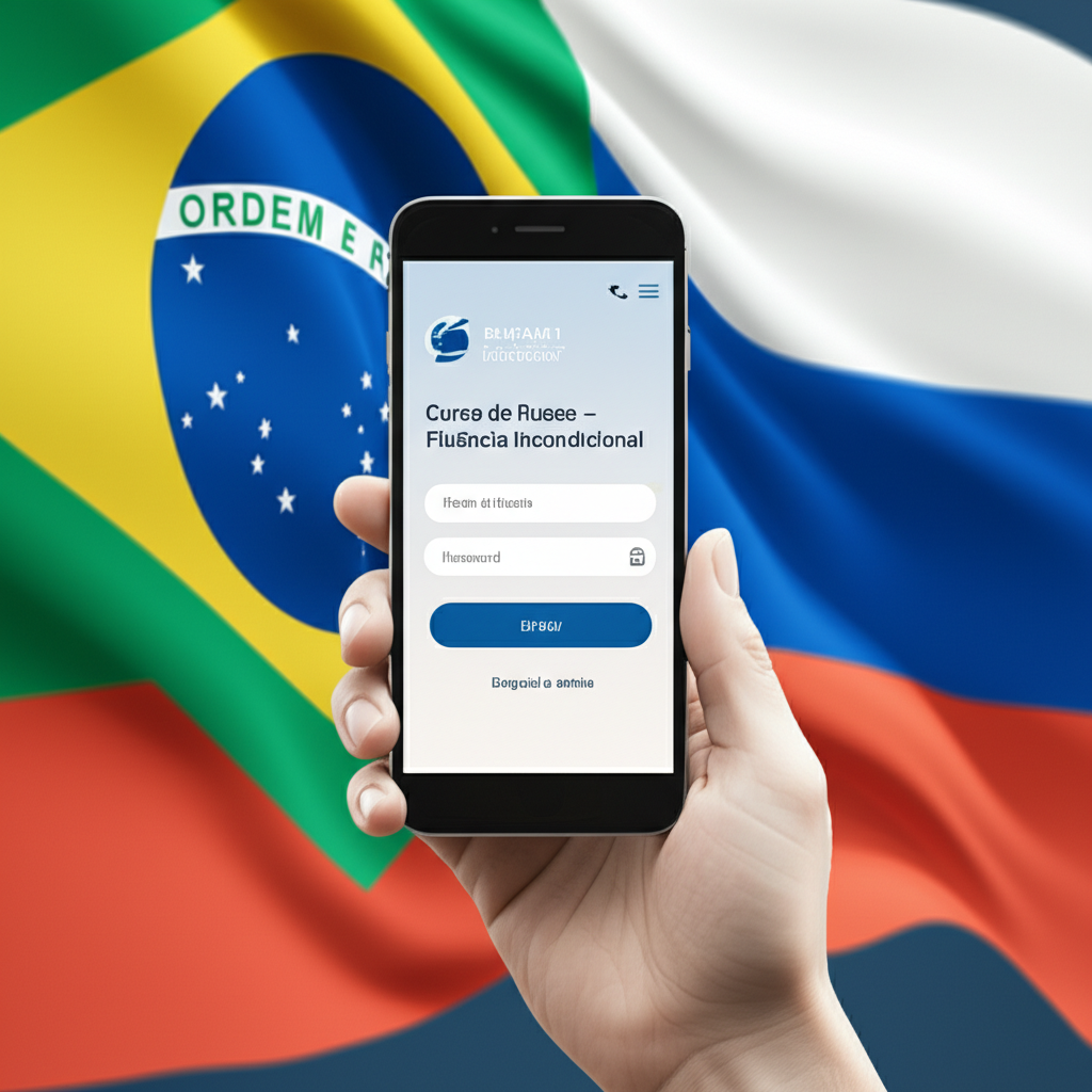 Tela de smartphone mostrando a página de login da plataforma do Curso de Russo – Fluência Incondicional, sugerindo problema de travamento no acesso mobile.