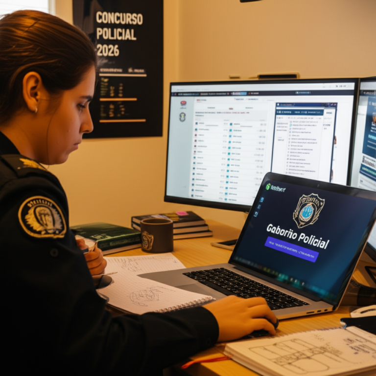 Estudante de concurso policial usando o curso Gabarito Policial na plataforma Hotmart, com materiais de estudo e grupo de WhatsApp ao fundo.