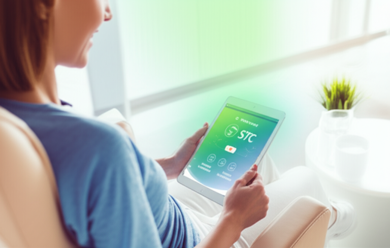 STC Transformação Corporal – É Grátis Como Baixar Acesso Download 3 Mulher sorridente acessando o Programa STC em tablet, com ícones de download e acesso. Transmite facilidade e bem-estar.