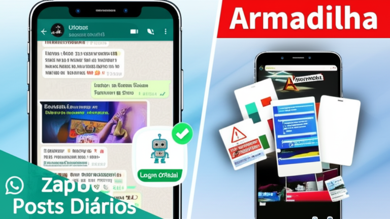 Comparação visual entre o login oficial do ZapPost (esquerda) e a armadilha do download grátis (direita) mostrando posts diários entregues via WhatsApp.