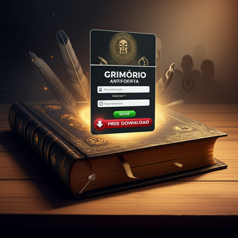 Grimório Antifofista aberto ao lado de um login oficial e de um botão de download gratuito, simbolizando a escolha entre acesso legítimo e armadilha de fofoca.