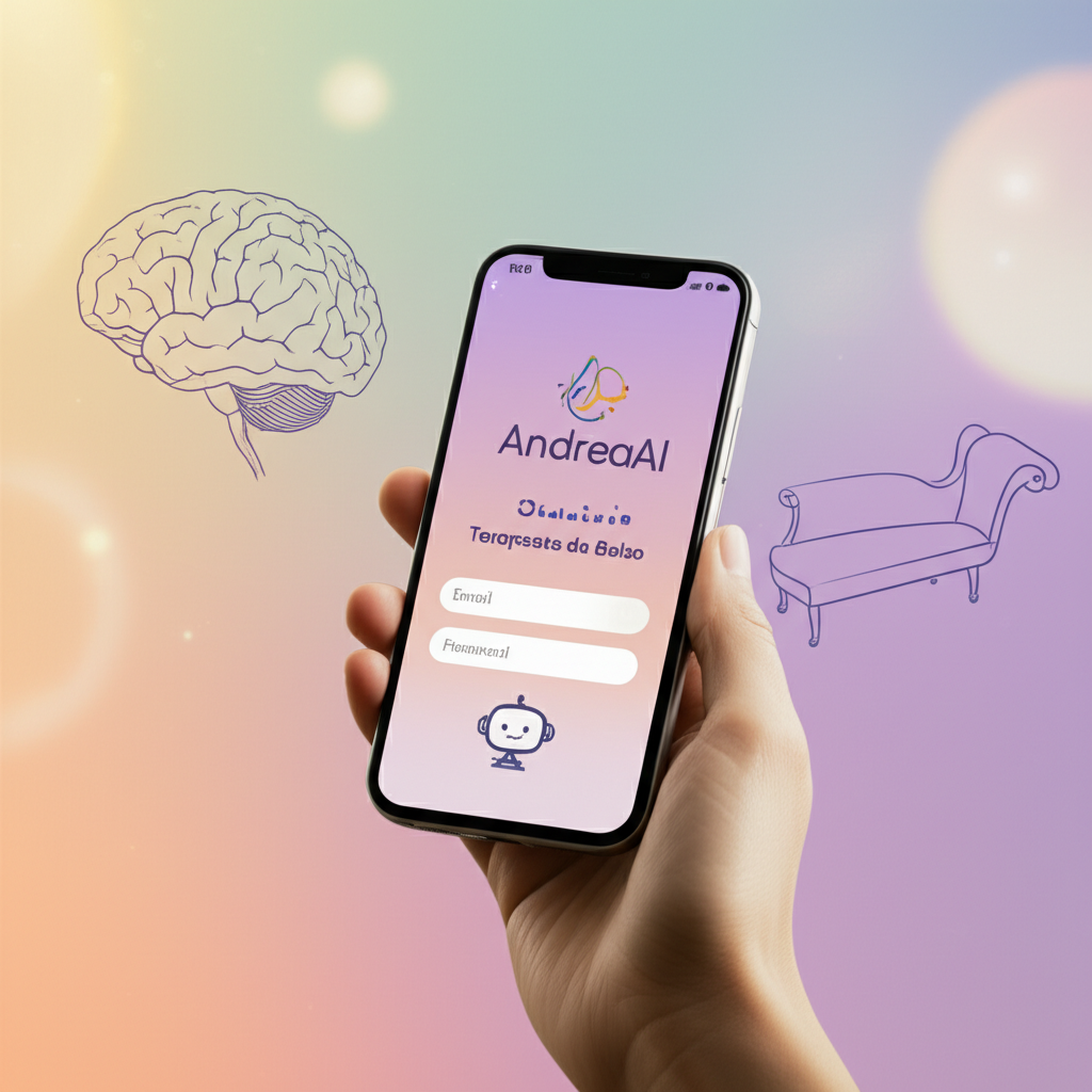 Tela de login do aplicativo AndreaAI - Terapeuta de Bolso em um smartphone, com design minimalista e cores suaves que remetem à psicologia e neurociência.