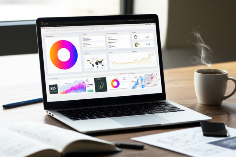 Laptop screen showing a colorful, professionally designed Power BI dashboard with charts, KPI cards, and map visual.