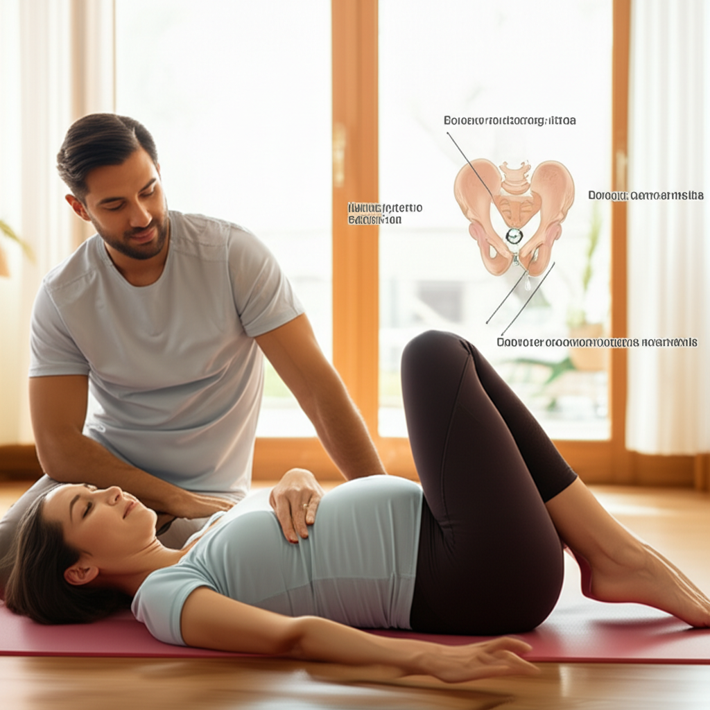 Gestante praticando exercícios de fisioterapia pélvica do curso Parto Mais Fácil, com parceiro ao lado, em ambiente tranquilo e iluminado.