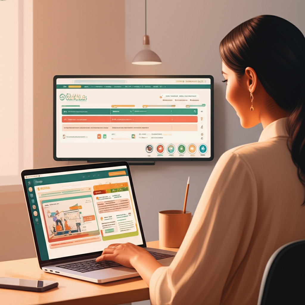 Professor usando a plataforma Skooly no laptop, com planos de aula e avaliações gerados por IA alinhados à BNCC.