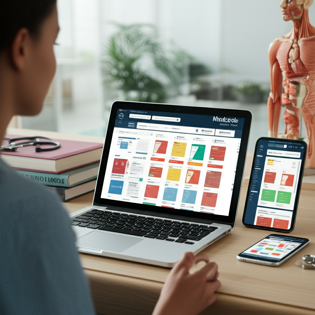 Estudante de medicina usando a plataforma Medcards Combo Elite em laptop, tablet e smartphone com flashcards e banco de questões.
