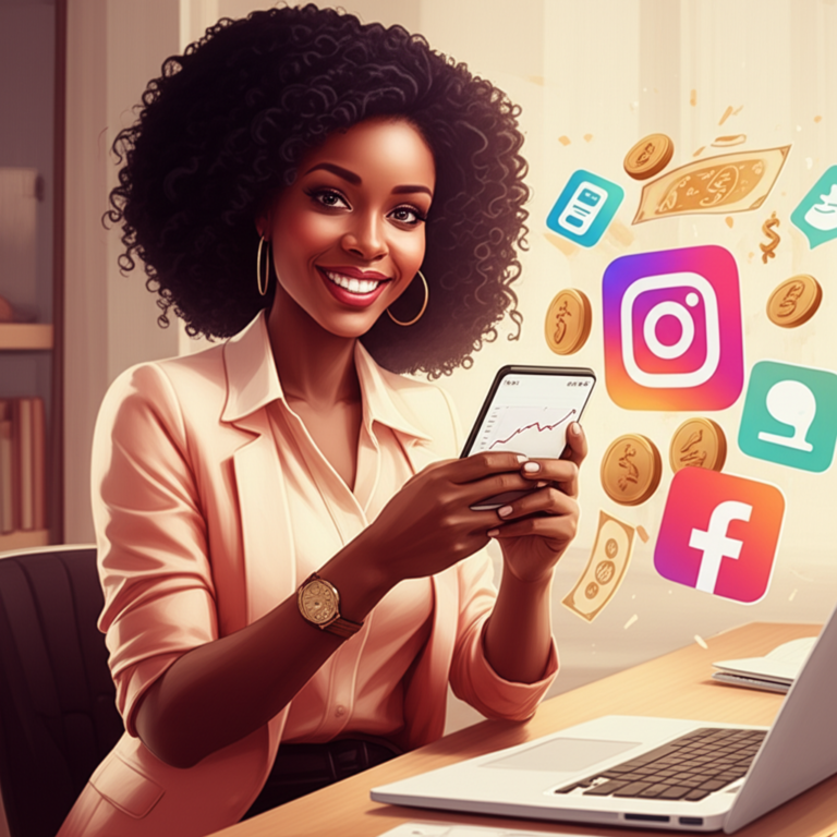 Ilustração de mulher brasileira usando celular com gráfico de ganhos, simbolizando o Método Mulher Milionária e a geração de renda online pelo celular.