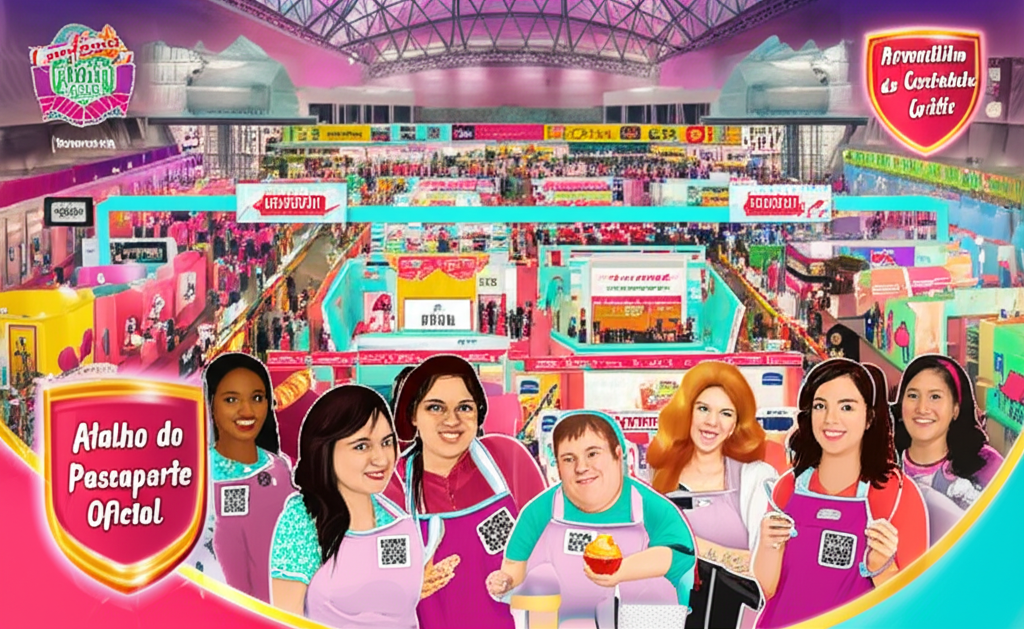 Cena colorida do Confeitar Brasil 2026 em Expominas BH, com mulheres confeiteiras, intérprete de Libras e expositores, destacando as arenas de chocolate, panificação e marketing digital.