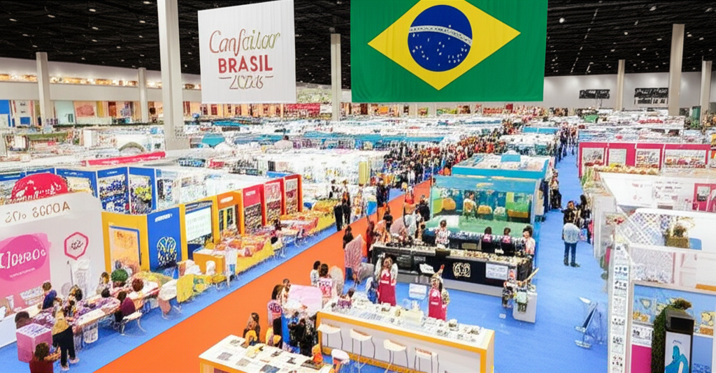 Illustration of the Confeitar Brasil 2026 14ª Edição event at Expominas BH, showing women entrepreneurs, chocolate displays, inclusive signage and a bustling exhibition hall.