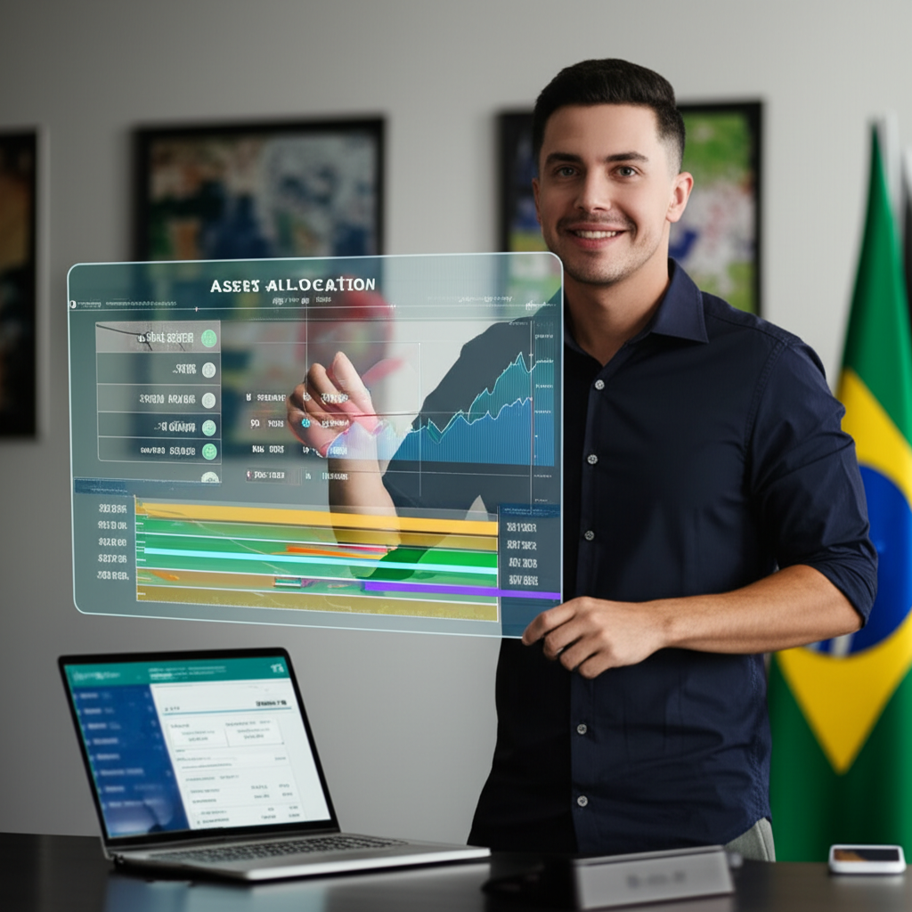 Renan Diego presenting a holographic financial roadmap for the Acelerador da Independência Financeira course.