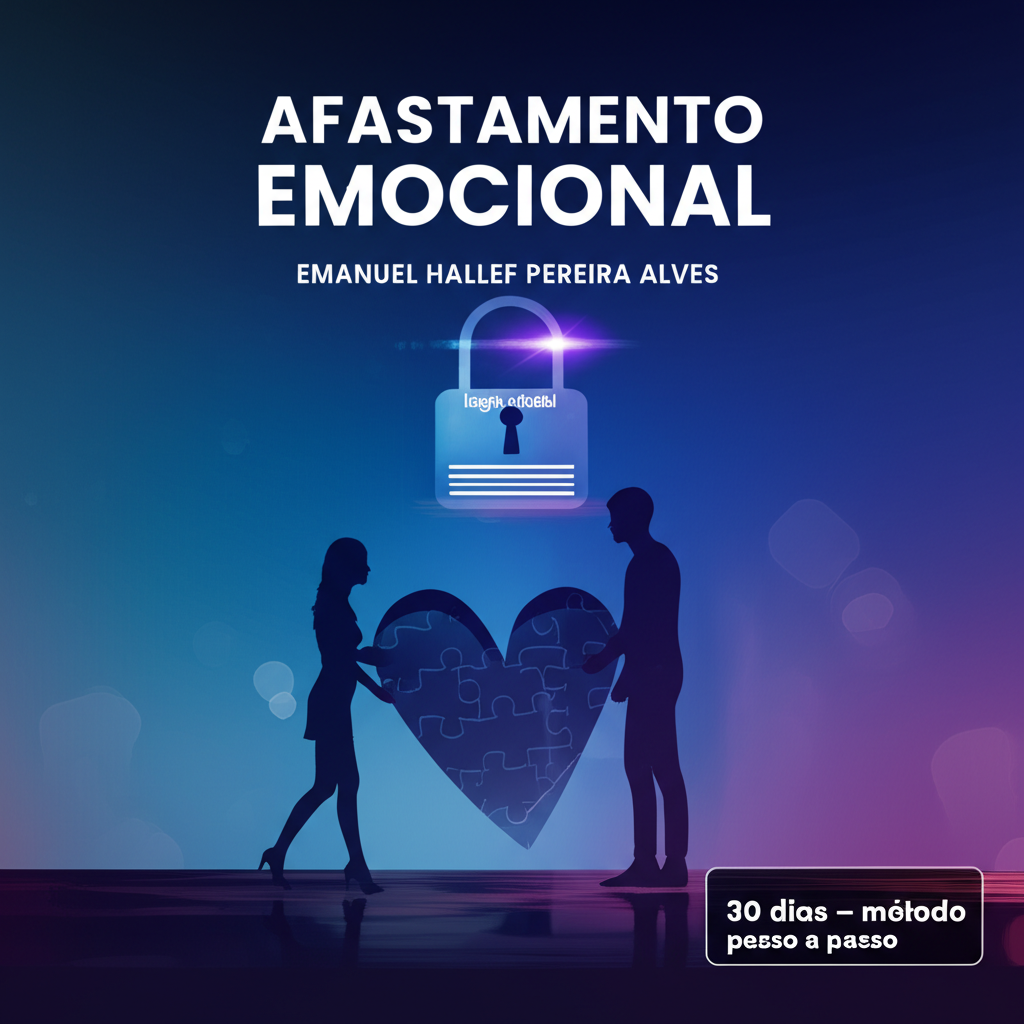 Capa do eBook 'Afastamento Emocional' com silhuetas de homem e mulher se afastando, ícone de cadeado de login digital e fundo em tons de azul e roxo, indicando método de 30 dias.