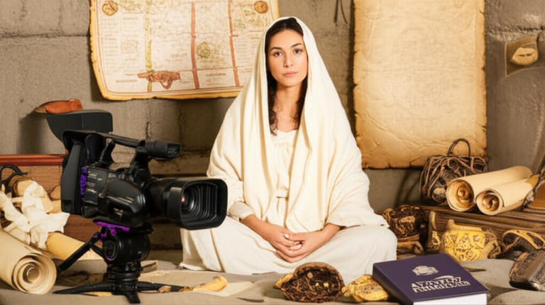 Ilustração cinematográfica de Maria, mãe de Jesus, com documentos históricos e equipamentos de produção jornalística ao fundo.