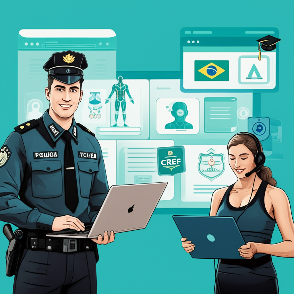 Ilustração de estudantes de Educação Física EAD do Instituto Óliver, um policial e um personal trainer, estudando online com laptops e recebendo suporte via WhatsApp.