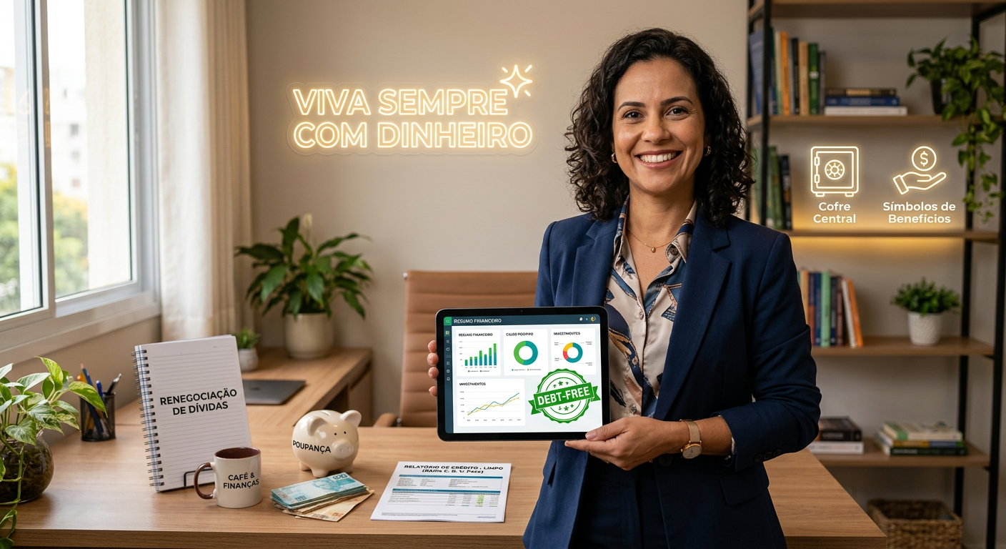 Nádia C. B. Vieira Pace presenting the Viva Sempre com Dinheiro course, surrounded by symbols of debt renegotiation, financial organization and extra income.