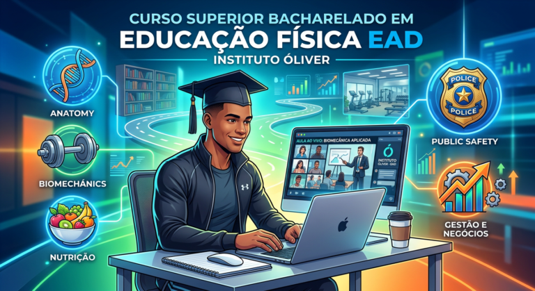 Ilustração do Bacharelado em Educação Física EAD do Instituto Óliver, com estudante de capelo, laptop e ícones de saúde, biomecânica, nutrição e badge policial.