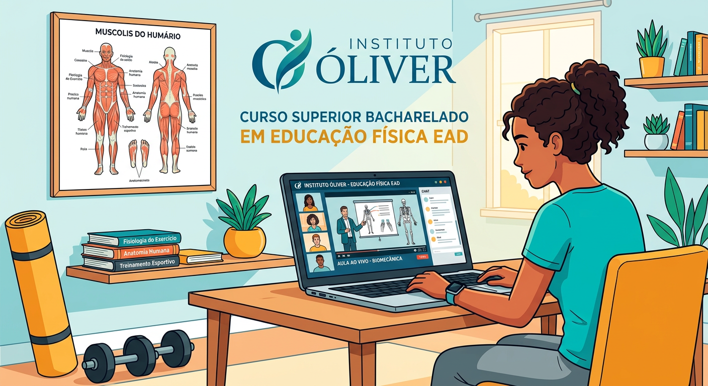 Ilustração de estudante de Educação Física fazendo curso EAD do Instituto Óliver, com laptop, livros de anatomia e equipamentos de treino ao redor.
