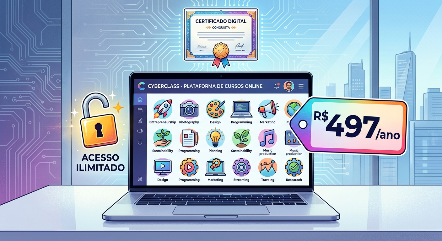 Ilustração estilo Peter Jordan do CyberClass mostrando acesso ilimitado a cursos, preço anual e certificado digital.