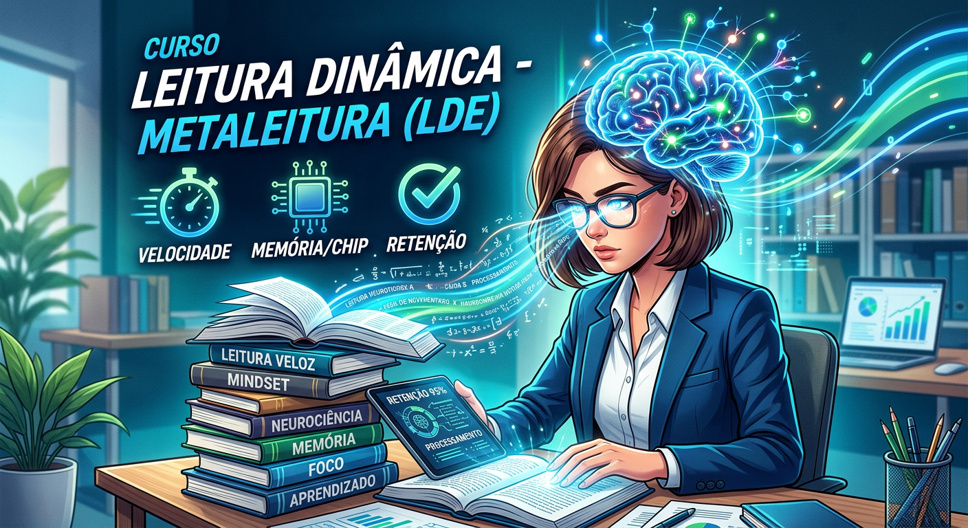 Ilustração de pessoa lendo rapidamente com elementos de neurociência e retenção, representando o Curso Leitura Dinâmica - Metaleitura (LDE).