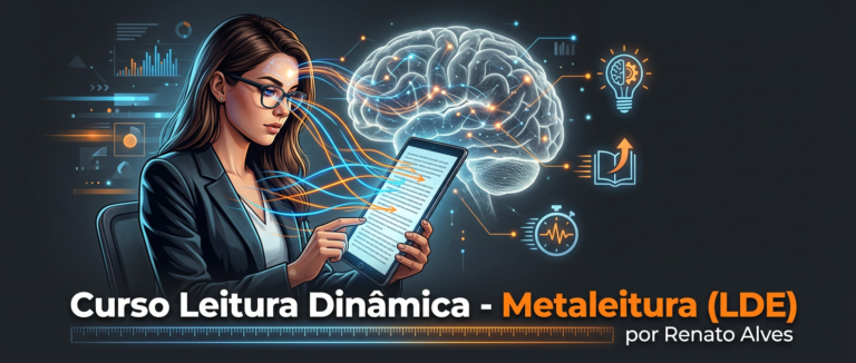 Ilustração promocional do Curso Leitura Dinâmica - Metaleitura (LDE) mostrando leitura rápida em tablet com linhas de movimento ocular e elementos de neurociência.