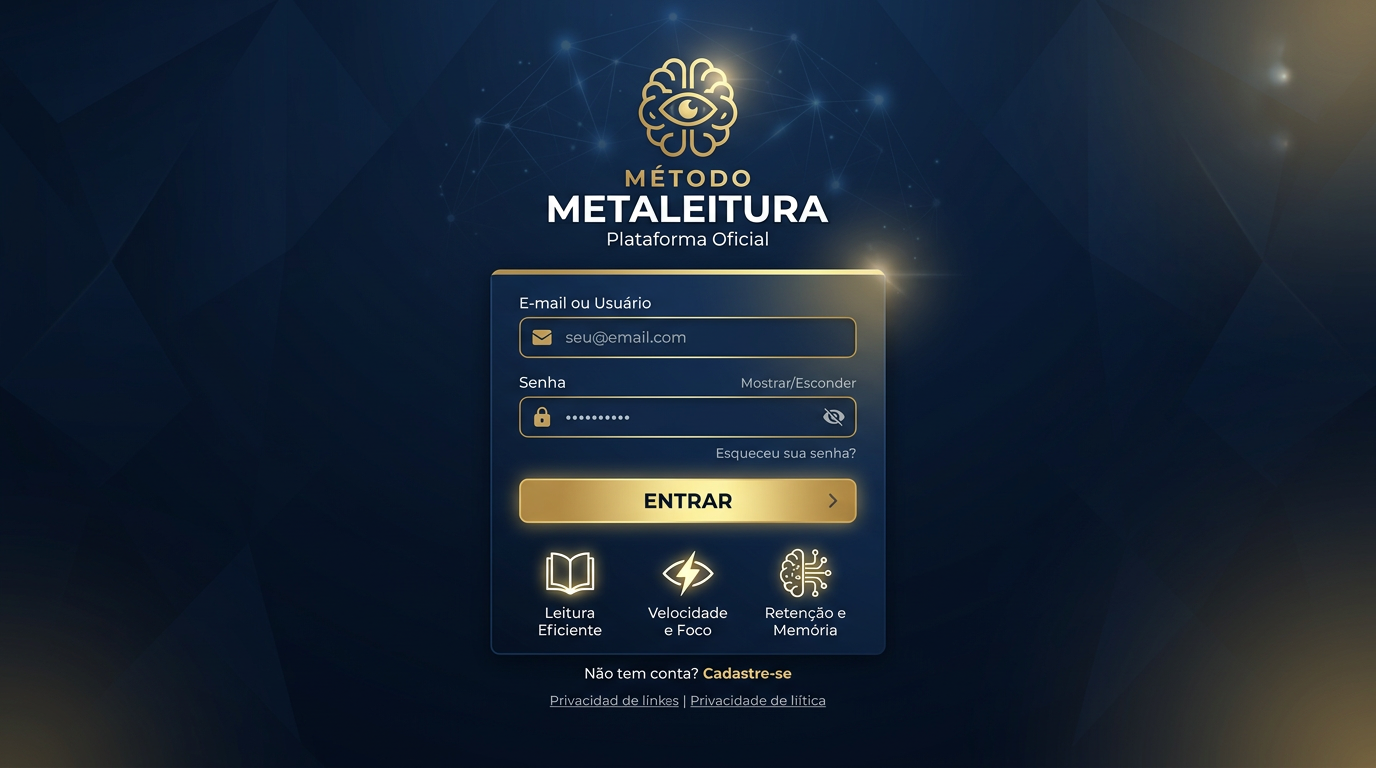 Tela de login da plataforma oficial do Curso Método Metaleitura, com campos de e‑mail e senha e ícones de cérebro, olho e livro.