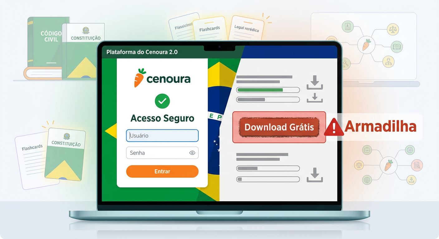 Comparação visual entre o login oficial seguro da Plataforma do Cenoura 2.0 e um botão de download grátis suspeito, rodeados por ícones de flashcards e mapas mentais.
