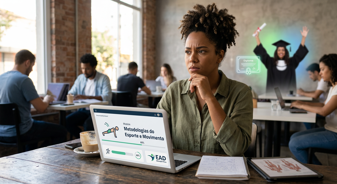 Pessoa estudando Bacharelado em Educação Física 100% EAD em laptop, refletindo sobre o valor do diploma online para sua carreira.