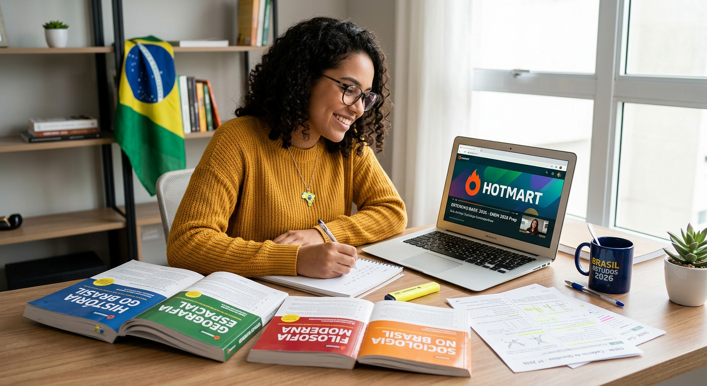 Estudante brasileiro estudando Humanas com livros, laptop da Hotmart e logo Extensivo Basic 2026 ao lado de provas do ENEM.